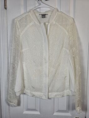 Kate & Mallory Cream Lace Pleated Back Bomber-Style Jacket Blouse Size S